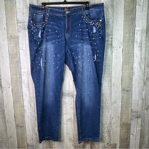 dKin Size 22W Blue Denim Jeans Embellished with Faux Pearls & Distressed Areas